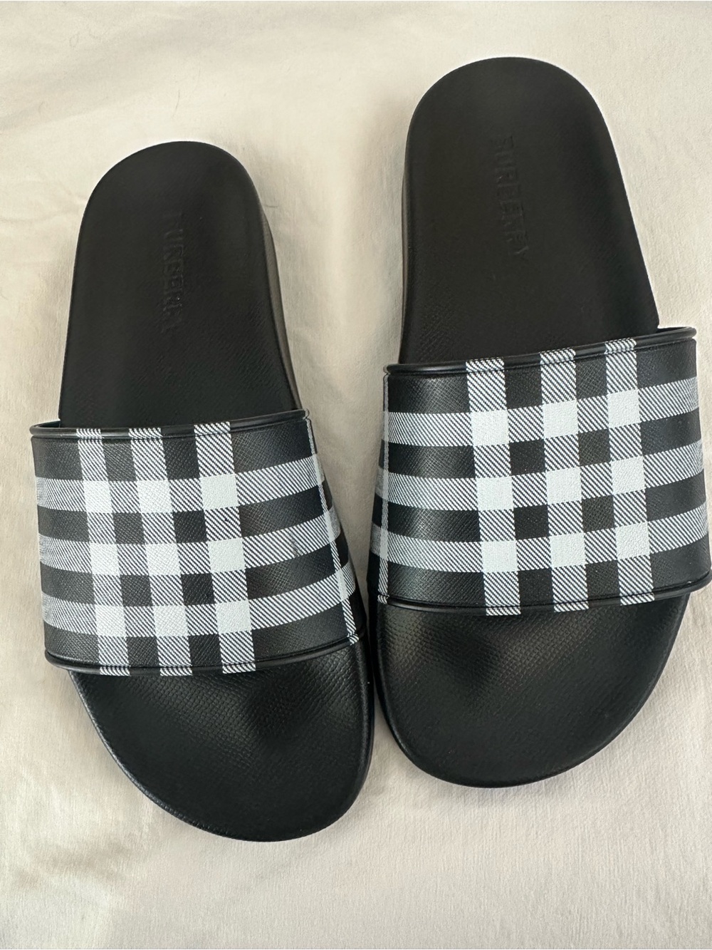 Burberry Black & White Checked Slide Sandals